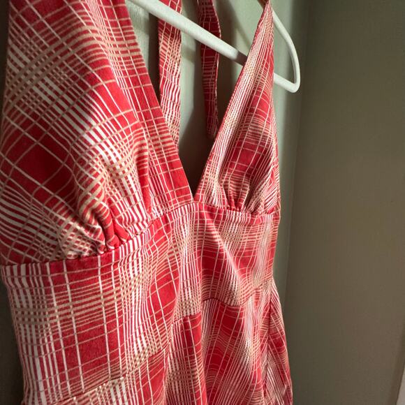 Eva Franco Red White Plaid Halter Midi Skater Dress Fitted Bodice Fit and Flare - Picture 5 of 6